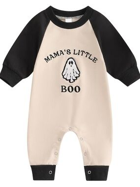 Baby Halloween “Mama's Little Boo” Beige & Black Baby One-Piece Romper